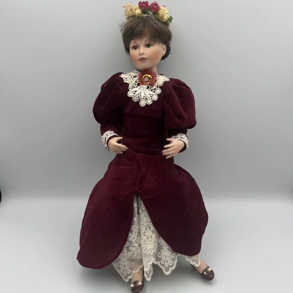 Vintage‎ Porcelain Doll Victorian Burgundy Velvet Dress Floral Hairpiece W Chair